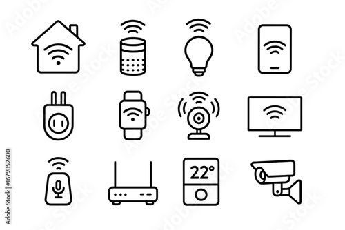 Smart devices line icon set, home technology gadgets, IoT wireless symbols, minimalist vector outline collection, digital home automation, connected electronics, transparent background