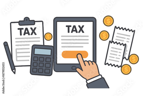 Tax payment process with digital device, paperwork, calculator, and receipts in modern flat vector cartoon style, business financial management, online tax filing concept illustration