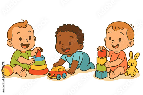 Three Happy Babies Playing with Colorful Toys Indoors, Stacking Blocks, Toy Car and Rings, Cheerful Cartoon Vector Illustration with Transparent Background for Kids and Parenting Themes