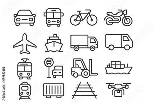 Transportation outline icon set, transit and logistics line icons collection, vector cartoon illustration with transparent background, ordered thematic set for urban and cargo transport