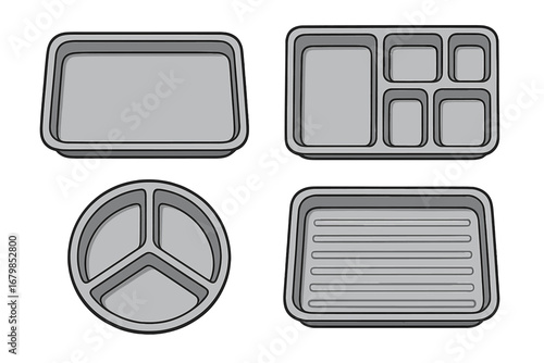 Various styles of gray food trays arranged on white background for dining, meal preparation, cafeteria and kitchen use, vector cartoon illustration with detailed tray compartments and designs