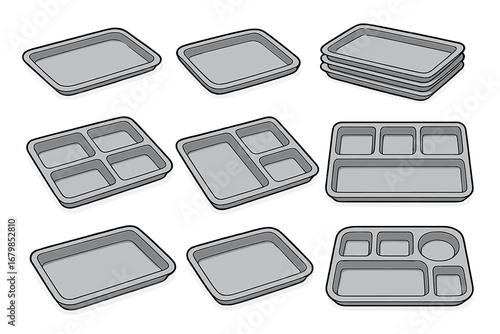 Various styles of gray food trays arranged on white surface for dining, meal preparation, cafeteria use, and food service settings, vector cartoon illustration with transparent background