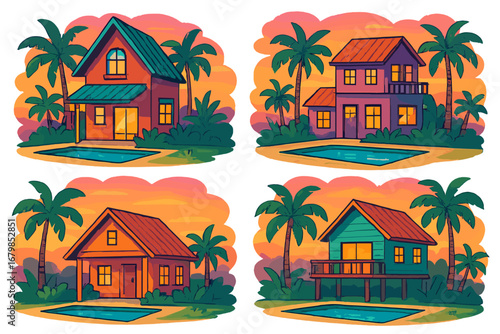 Vibrant Tropical Homes with Swimming Pools and Evening Sunset Glow, Colorful Cartoon Vector Illustration Set with Palm Trees, Beach Houses, and Relaxing Atmosphere