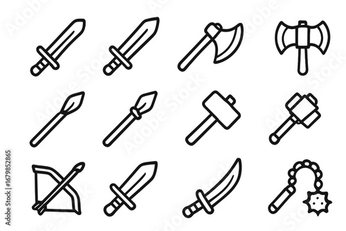 Weaponry line icon set with swords, axes, hammers, spears, bow, flail, and more. Vector cartoon illustration, medieval and fantasy weapons collection with transparent background, ordered set