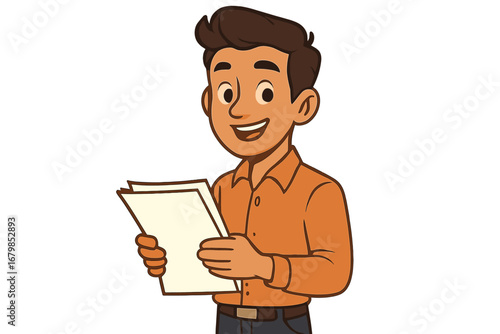 Cheerful young man smiling while holding documents, professional cartoon vector illustration with transparent background, friendly office worker in casual attire, business and lifestyle concept