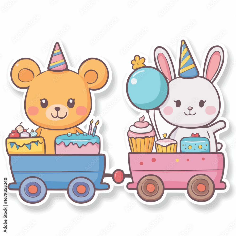 Fototapeta premium Cute sticker set with bear and rabbit in festive wagons, decorated with balloons, cakes and party hats, part of playful birthday train sticker series