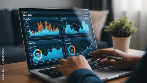 Data analysis displayed on a laptop screen shows detailed financial charts Hands are typing on the keyboard Business data visualized on the display screen