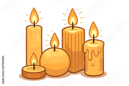 Set of decorative candles glowing for relaxation and ambiance. Cozy hygge concept. Vector cartoon for spa, meditation, aromatherapy. Burning wax light with flame. Isolated.