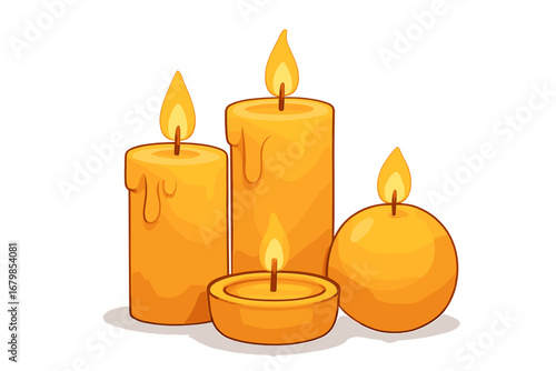 Decorative candles glowing warmly. Cozy setting for relaxation and ambiance. Set of burning wax candle lights. Spa and meditation concept. Vector cartoon illustration. Isolated.