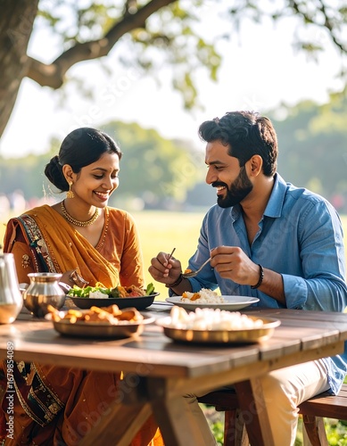 Couple enjoying a meal outdoors