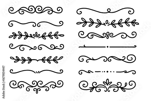 Set of hand drawn decorative borders and dividers. Elegant calligraphic lines, vintage flourishes and ornamental swirls for page decoration, wedding invitations or web design.