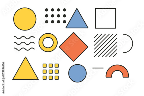 Colorful geometric shapes and patterns on minimalist white background for creative design and artistic inspiration. Vector cartoon illustration with clean lines and transparent background.