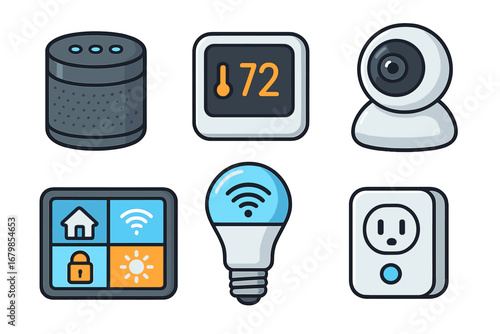 Smart home devices display showcasing advanced functionalities and connectivity in modern digital home automation setup, vector cartoon illustration with transparent background, ordered set