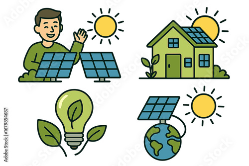 Solar energy concepts illustrating eco-friendly green technology, sustainability, solar panels on home and earth, renewable energy, clean power ideas, cartoon vector set