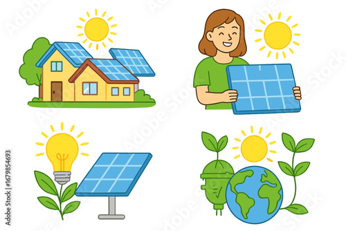 Solar energy concepts illustrating green technology, sustainable practices, renewable power, eco-friendly solutions, and environmental conservation with vibrant cartoon vector illustrations