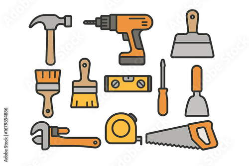 Various Construction Tools Illustrated with Minimalistic Design, Vector Cartoon Style Equipment Set on White Background, Includes Hammer, Drill, Brush, Saw, Wrench, Screwdriver, Level, Tape Measure