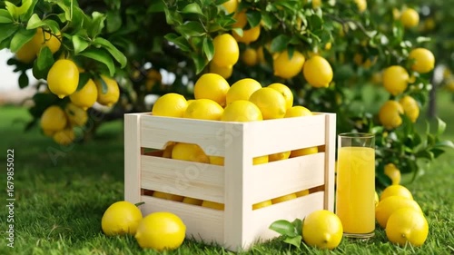 Lemons in crate and juice