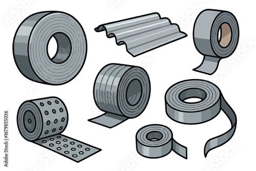 Various types of metal rolls and industrial tapes displayed on white background, showcasing construction materials, tools, and heavy-duty industrial supplies, vector cartoon illustration