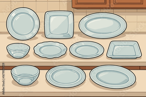 Various Styles of Clear Glass Plates and Platters Arranged for Display in a Kitchen Setting, Vector Cartoon Illustration, Different Shapes and Sizes of Transparent Dinnerware Set