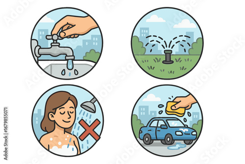 Water conservation symbols emphasizing reducing water wastage in daily urban activities, eco-friendly habits, saving water, environmental awareness, vector cartoon illustration