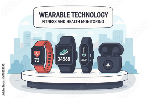 Wearable Technology Devices Showcase for Fitness and Health Monitoring at Urban Modern Design Exhibition, Smart Watches, Health Trackers, Fitness Bands, Wireless Earbuds Vector Cartoon Illustration