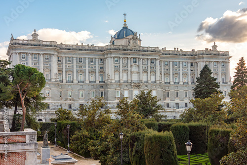 Royal Palace of Madrid and Sabatini gardens at sunset, Spain