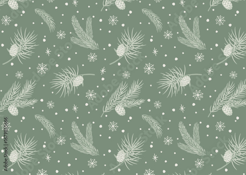 Hand-drawn seamless three-tone vector pattern. Features conifer branches, cones, and snowflakes. Ideal for festive fabrics, gift wrapping, wallpaper, and winter holiday designs.