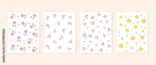 Seamless floral pattern, liberty ditsy print with cute small daisy flowers on a white background. Flower design collection, vector illustration.