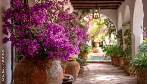 Wallpaper Mural A sun-drenched courtyard walkway lined with terracotta urns overflowing with vibrant purple bougainvillea Torontodigital.ca