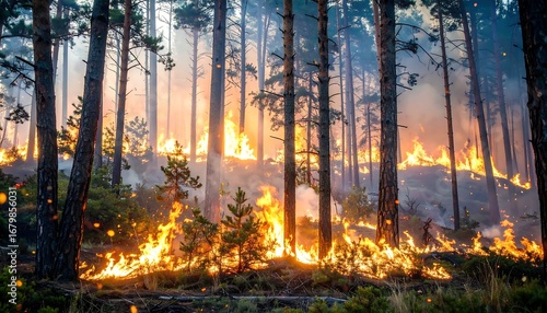 Forest fire at sunset