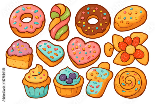 Set of cartoon sweets. Colorful baked goods collection. Vector illustration of pastry, donuts, cupcakes, and cookies. Bakery dessert icons for kids. Isolated tasty food elements.