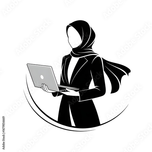 Muslim woman working on laptop in hijab, professional and education concept illustration