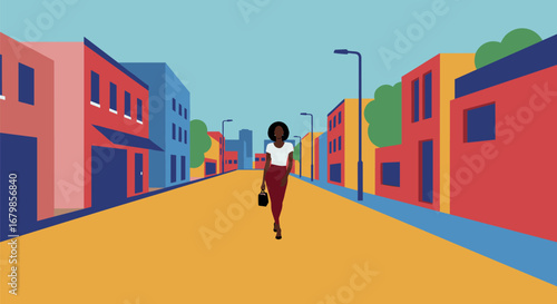 Illustration of a woman walking down a colorful street on transparent background