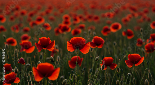 A field filled with vibrant red poppy flowers under soft lighting conditions in a natural environment