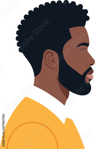 Profile of a man with afro and beard wearing a yellow shirt on transparent background