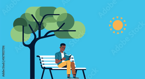 Illustration of a man reading on a park bench under a tree on transparent background