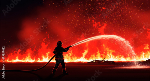 Firefighter with hose extinguishing flames