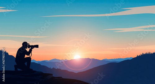 Photographer at Sunrise in the Mountains