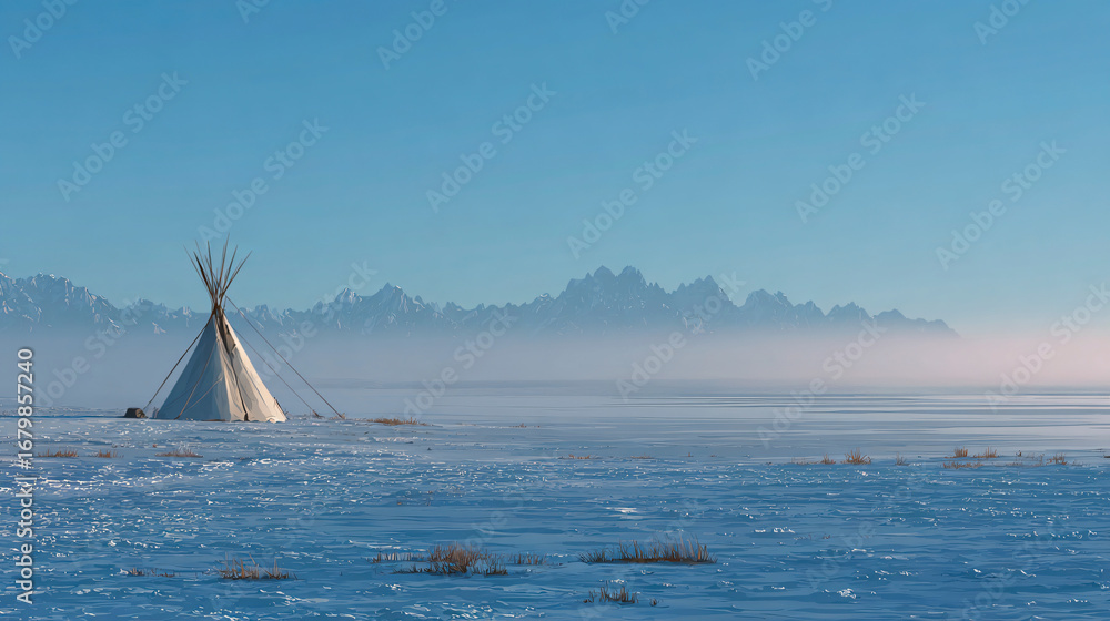 Obraz premium Teepee Tent in Snowy Field with Mountains
