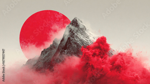 Snowy mountain with red smoke and sun