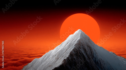 White snowy mountain peak with large red sun above clouds