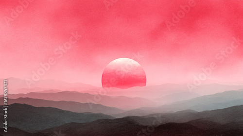 Abstract red sun rising over misty layered mountains