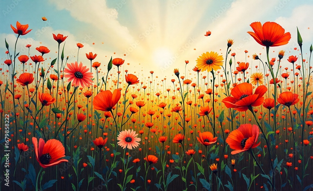 Obraz premium A vibrant art piece depicting a radiant sunrise over a field of blooming red and yellow poppies, with golden light illuminating the scene.