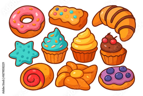 Set of cartoon baked goods. Pastry and sweet food collection. Vector illustration of donut, cupcake, croissant, cookie and cake. Dessert icons for bakery or cafe menu design.