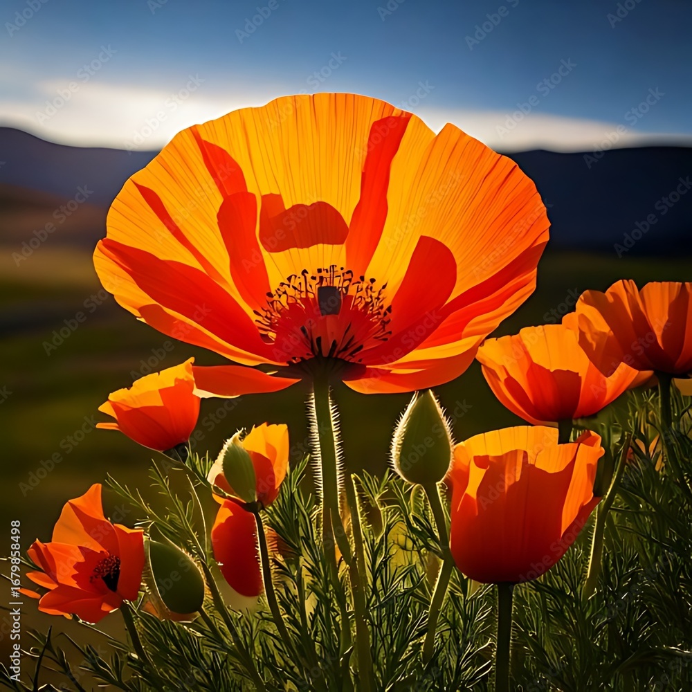 Obraz premium Vibrant orange poppy in a field, bathed in sunlight