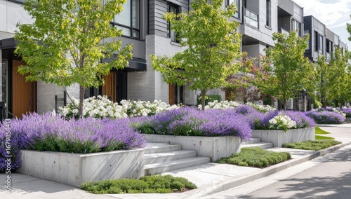 Modern townhomes with landscaped walkways