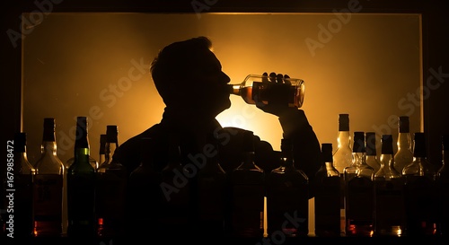 Silhouette of a man drinking whiskey directly from the bottle surrounded by other liquor bottles