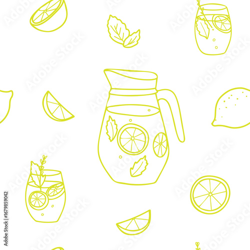 Lemonade seamless graphic pattern in minimalistic style. Hand drawn Doodle illustration of Lemonade Jug and Glasses, Lemon slices and mint in lemon color. For paper, menu, fabric prints.