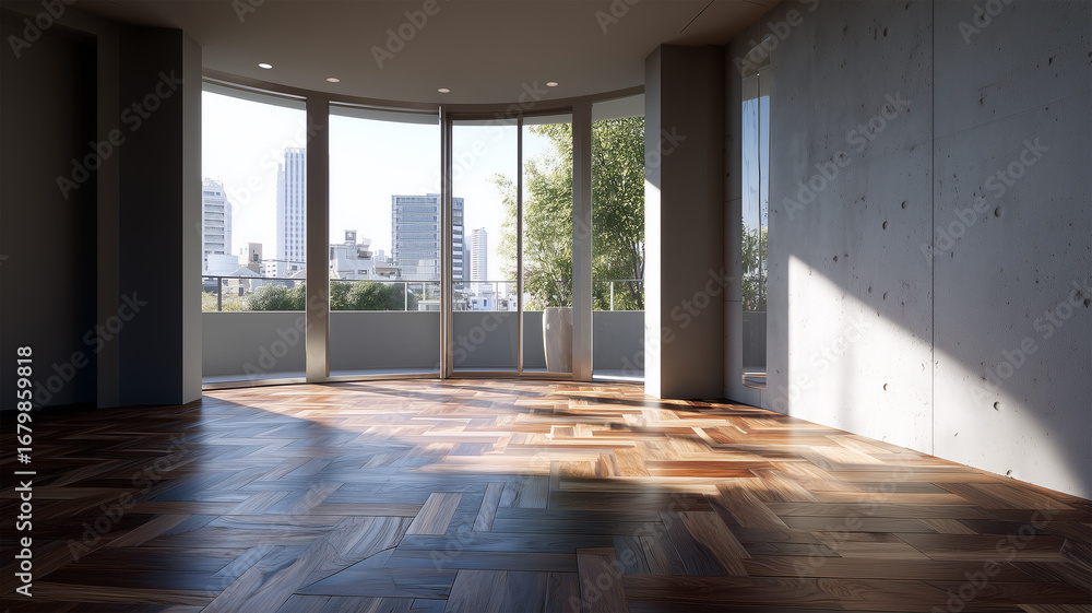 Obraz premium コンクリ壁と濃色床の静かな室内空間と都市眺望