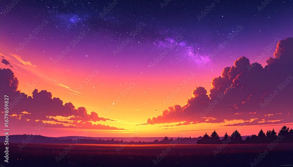 Fototapeta premium Colorful sunset landscape with a starry sky